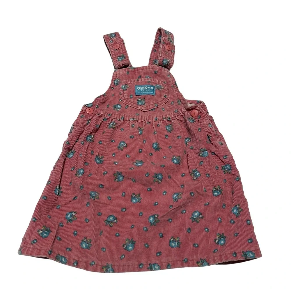 Vintage 90's Oshkosh B'gosh Pink Blue Floral Jumper Dress 4 Corduroy‎ Union Made